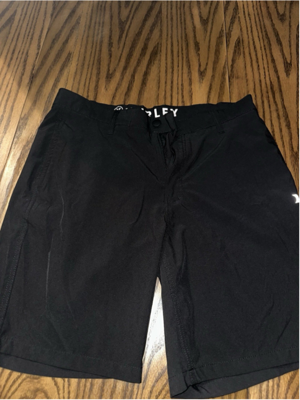 Hurley Black Chino Shorts Button Closure Flat Front Slash Pockets Logo Accent